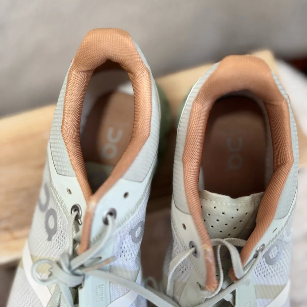 On Running green, White and Tan Sneakers